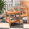 Acacia wood side table with slatted tabletop and storage shelf, perfect for patio or balcony use.