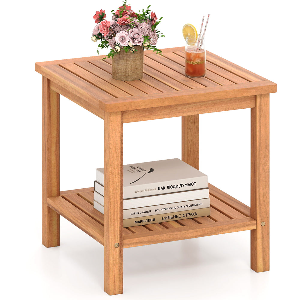 Acacia wood side table with slatted tabletop and storage shelf, perfect for patio or indoor use.
