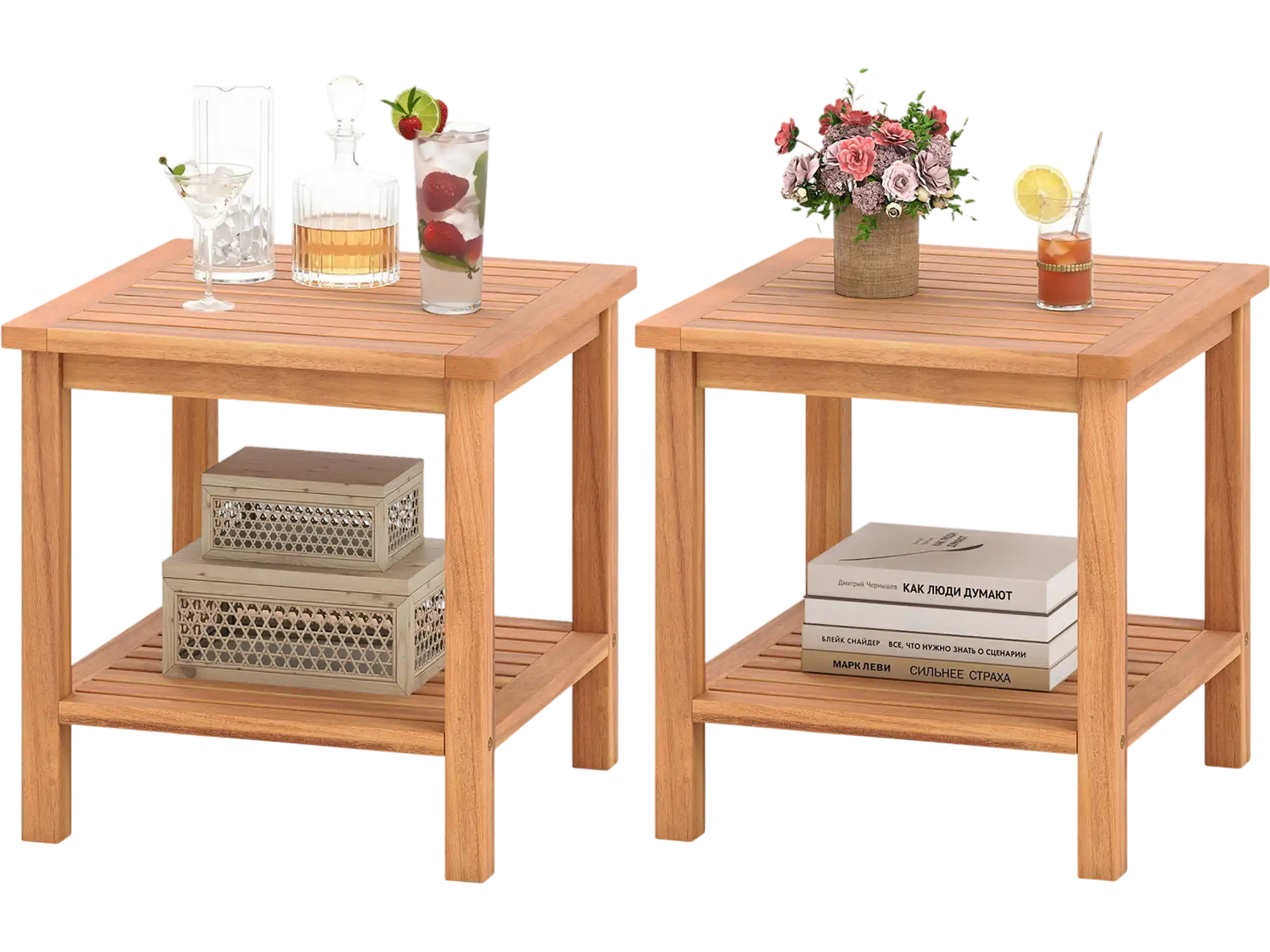 Costway Patio Acacia Wood Side Table Set of 2 w/ Storage Shelf 41127682 New