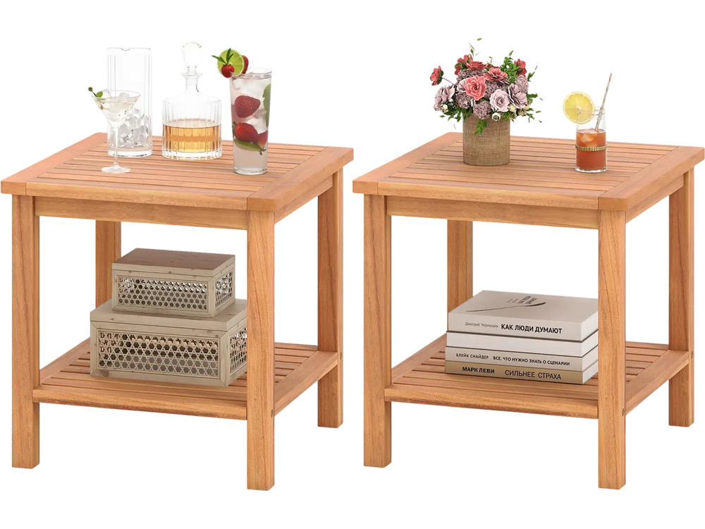 Patio Acacia Wood Side Table Set of 2 with Slatted Tabletop and Storage Shelf