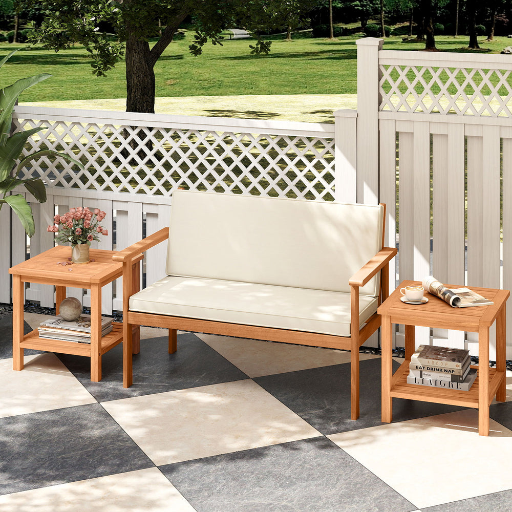 Acacia wood side table set of 2 with slatted tabletop, perfect for patio or balcony use, featuring a natural finish.