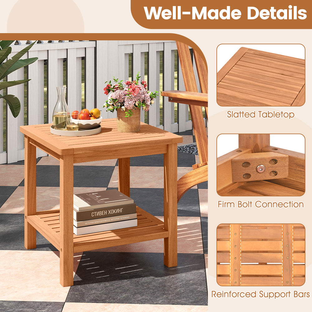 Acacia wood side table featuring a slatted tabletop and storage shelf, ideal for patio or indoor use.