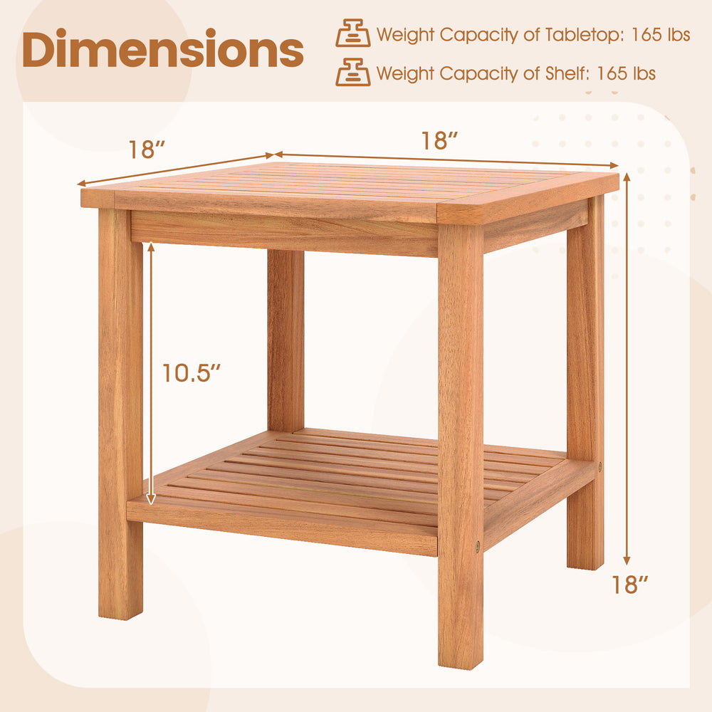 Acacia wood side table with slatted tabletop and storage shelf, perfect for patio or indoor use, 18" height.