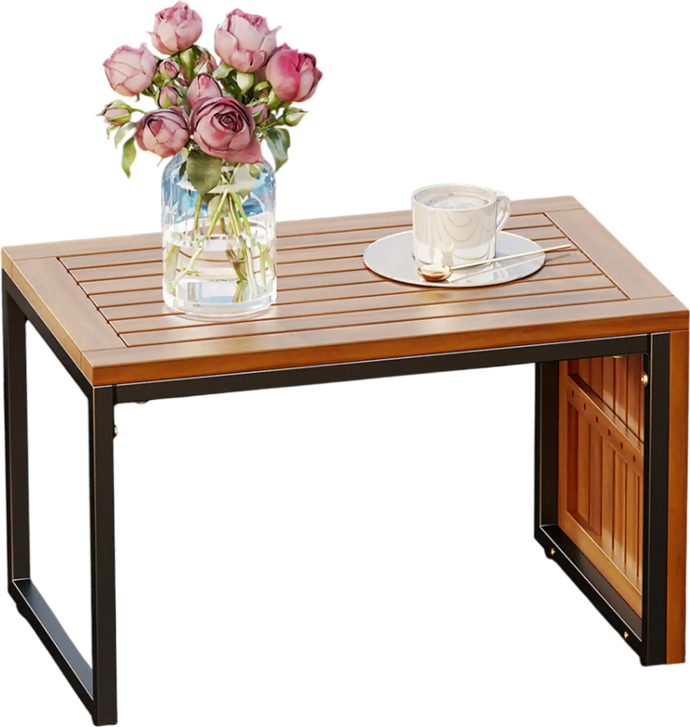 Acacia wood side table with slatted surface, ideal for outdoor use by the poolside, offering a stylish and functional design.