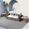 The acacia wood side table features a slatted surface and a heavy-duty metal frame, perfect for outdoor patio use.