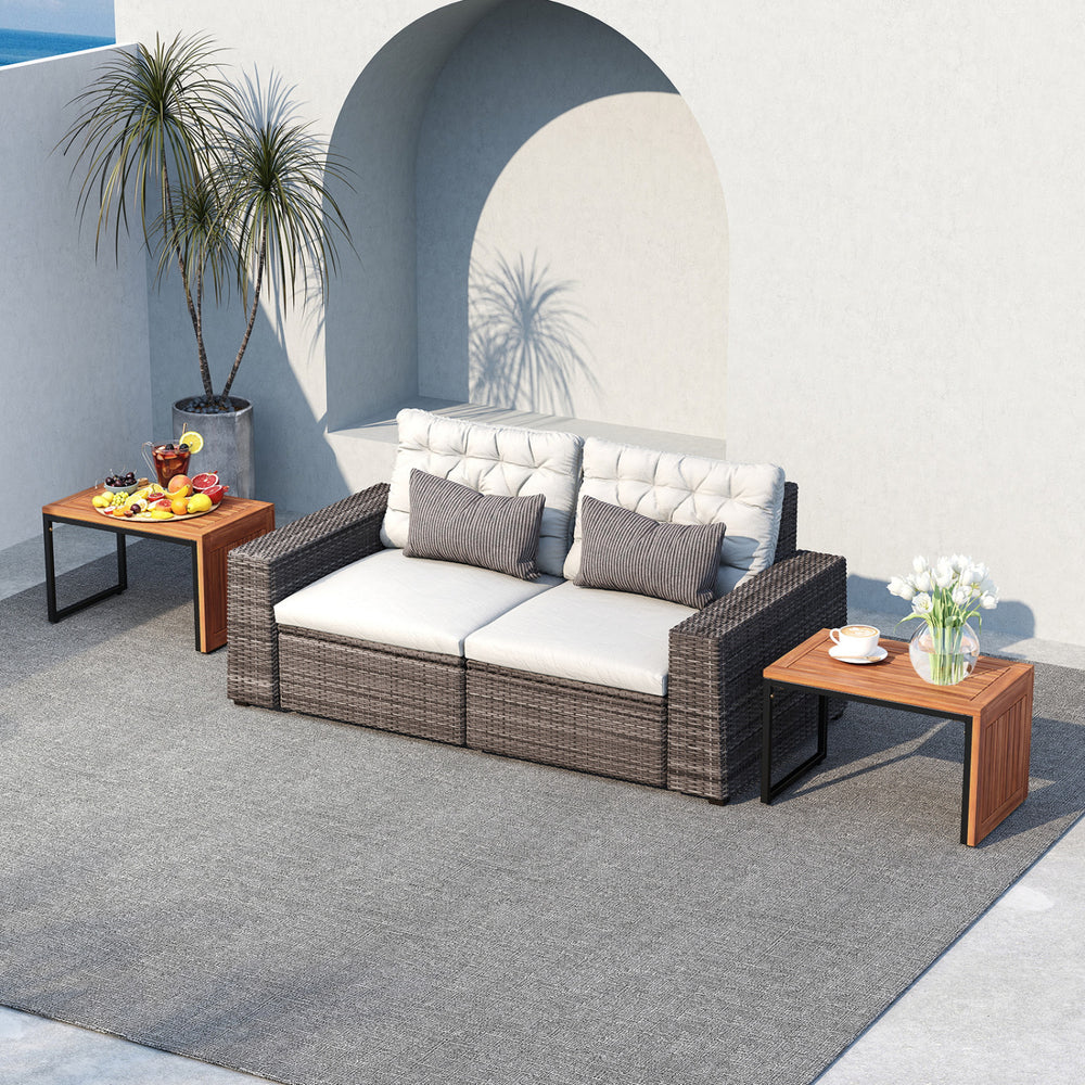 The acacia wood side table features a slatted surface and a heavy-duty metal frame, perfect for outdoor patio use.