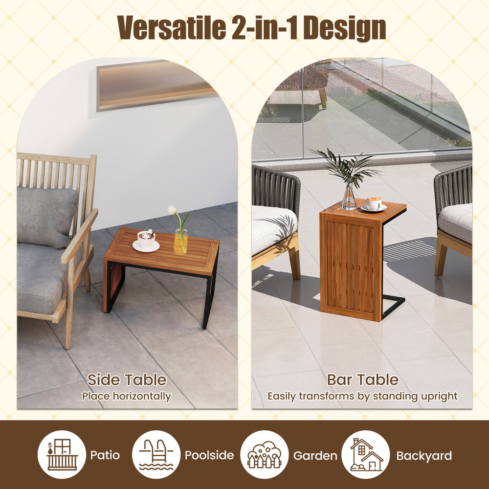 2-in-1 convertible patio acacia wood side table, designed to function as both a coffee table and upright side table.
