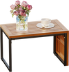 Acacia wood side table set with slatted surface, ideal for poolside use, featuring a heavy-duty metal frame.