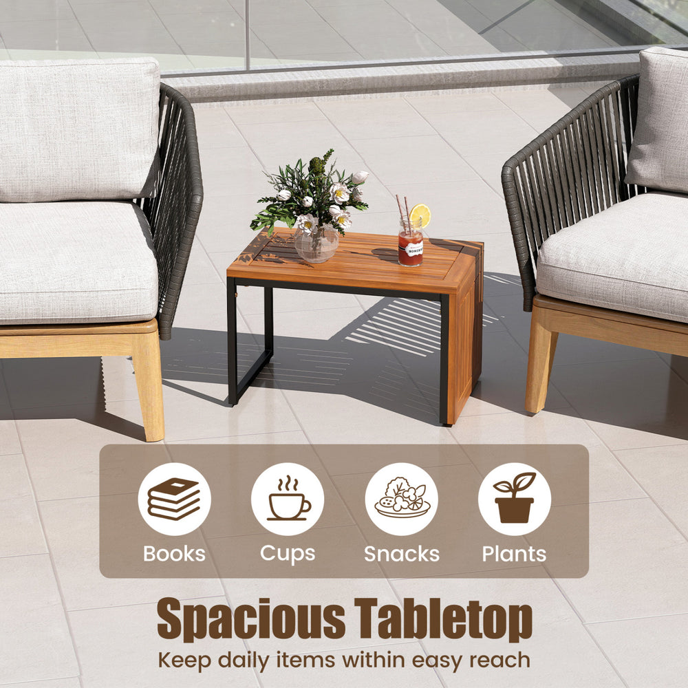 Acacia wood side table set features a spacious slatted tabletop, ideal for holding books, cups, snacks, and plants.