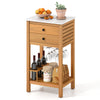 Patio acacia wood storage cabinet with faux marble countertop, featuring wine holders and two drawers for organized.