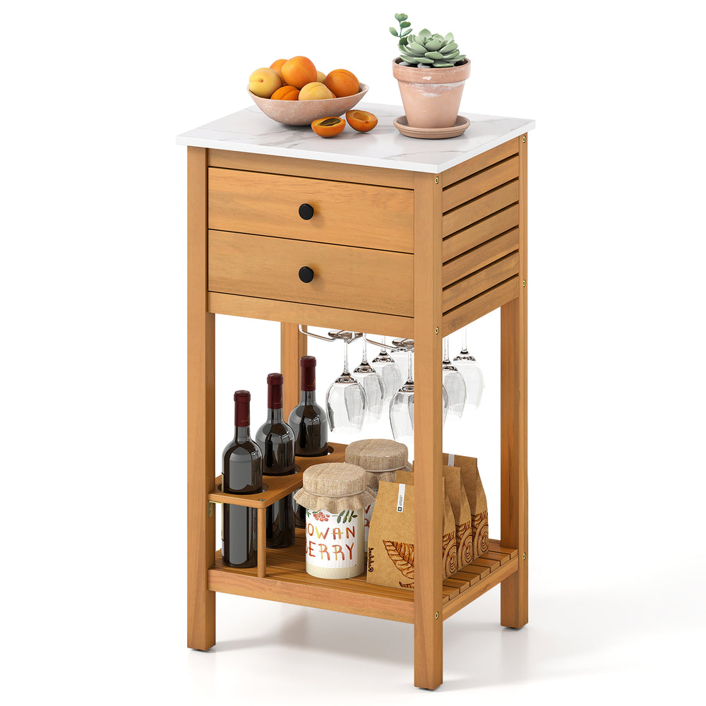 Patio acacia wood storage cabinet with faux marble countertop, featuring wine holders and two drawers for organized.