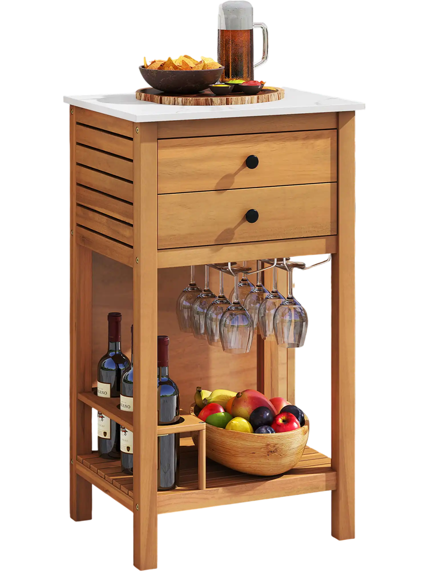Costway Patio Acacia Wood Storage Cabinet Buffet Bar Table Faux Marble Countertop 37427976 New