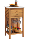 Acacia wood patio buffet cabinet with faux marble countertop, featuring storage drawers and wine holders for outdoor.