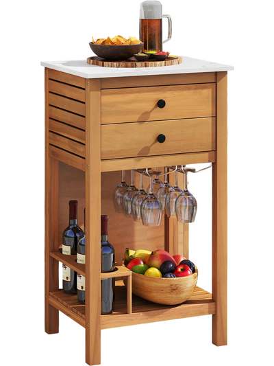 Costway Patio Acacia Wood Storage Cabinet Buffet Bar Table Faux Marble Countertop 37427976 New