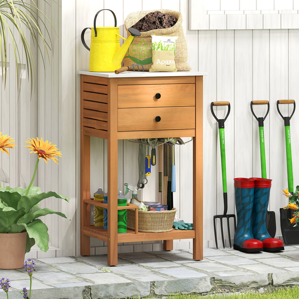 Acacia wood storage cabinet with faux marble countertop, featuring two drawers and ample space for patio organization.