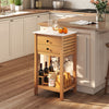Acacia wood storage cabinet with faux marble countertop, featuring two drawers and wine holders for patio organization.