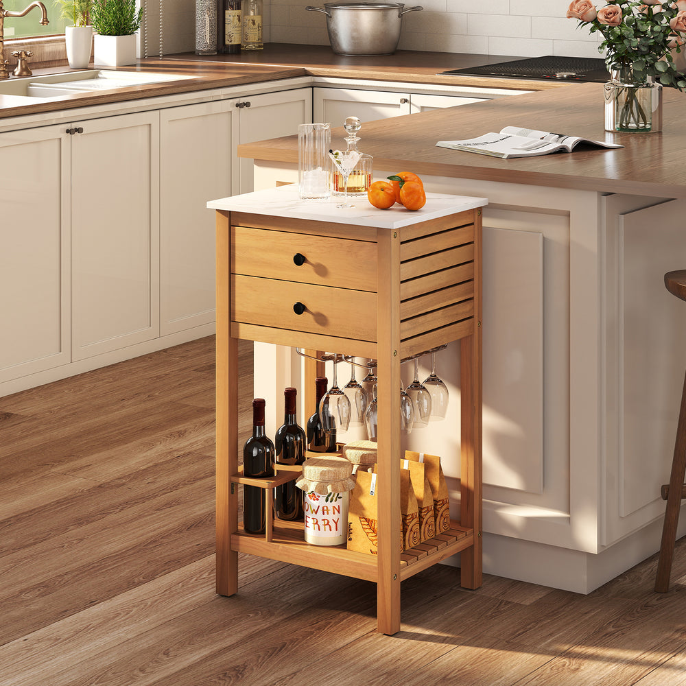 Acacia wood storage cabinet with faux marble countertop, featuring two drawers and wine holders for patio organization.