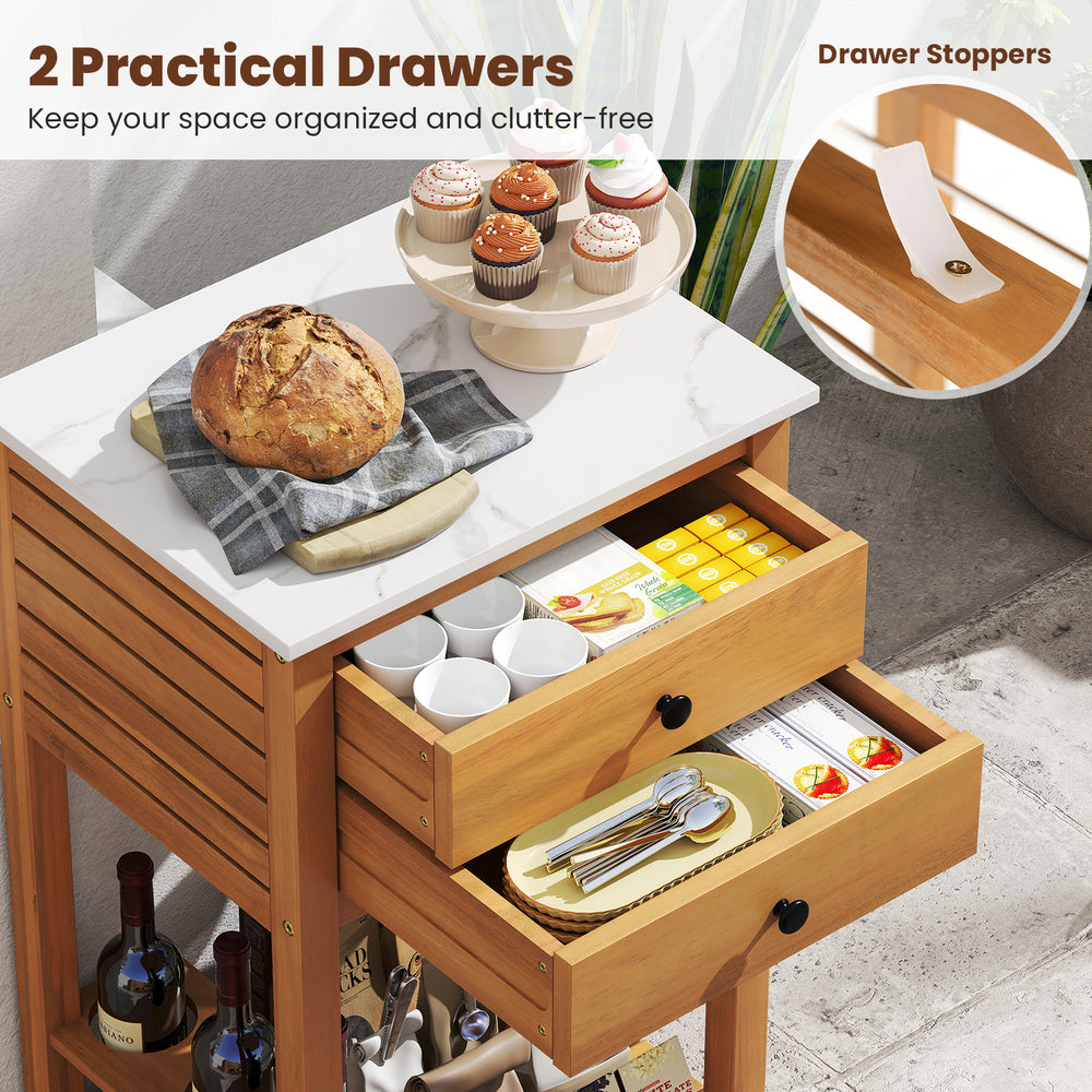 Patio acacia wood storage cabinet with faux marble countertop, featuring two practical drawers for organized storage.