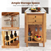 Patio acacia wood storage cabinet with faux marble countertop, featuring a 2-row glass holder and 3 wine holders for.