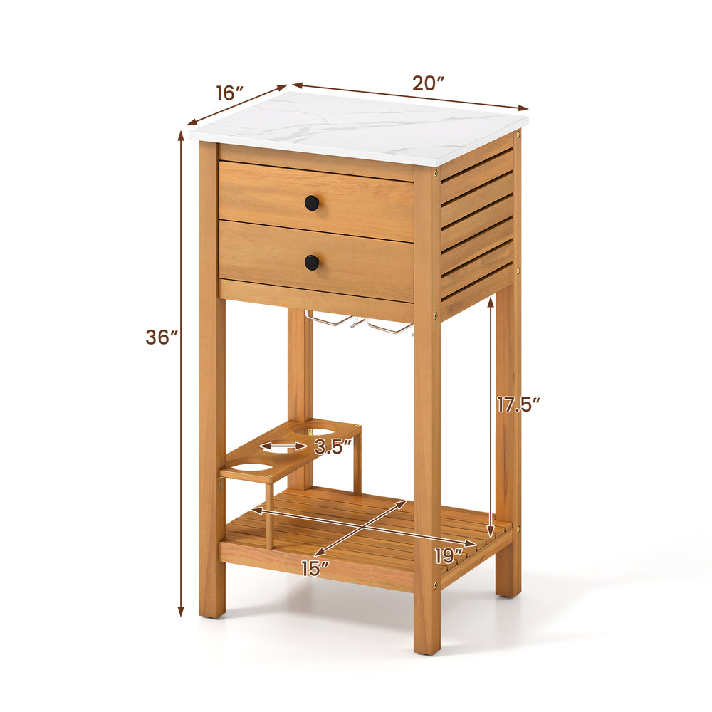 Acacia wood storage cabinet with faux marble countertop, featuring two drawers and wine holders, ideal for patio use.