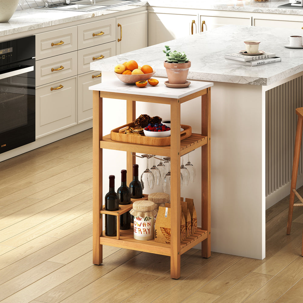 Acacia wood storage cabinet with faux marble top, featuring 3 open shelves and wine holders, ideal for patio use.