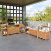 Patio acacia wood buffet cabinet with faux marble top, featuring open shelves and wine holders for outdoor entertaining.