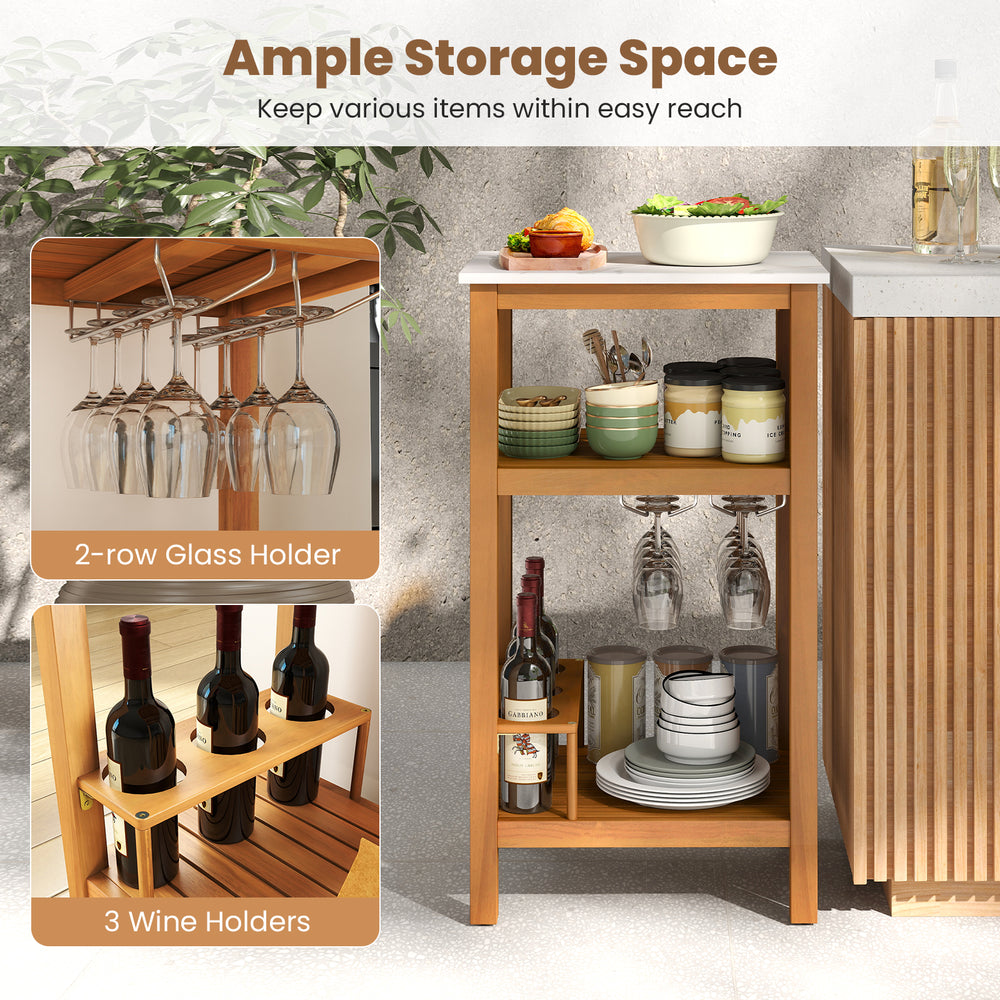 Patio acacia wood storage cabinet with faux marble top, featuring 2-row glass holder and 3 wine holders for outdoor use.