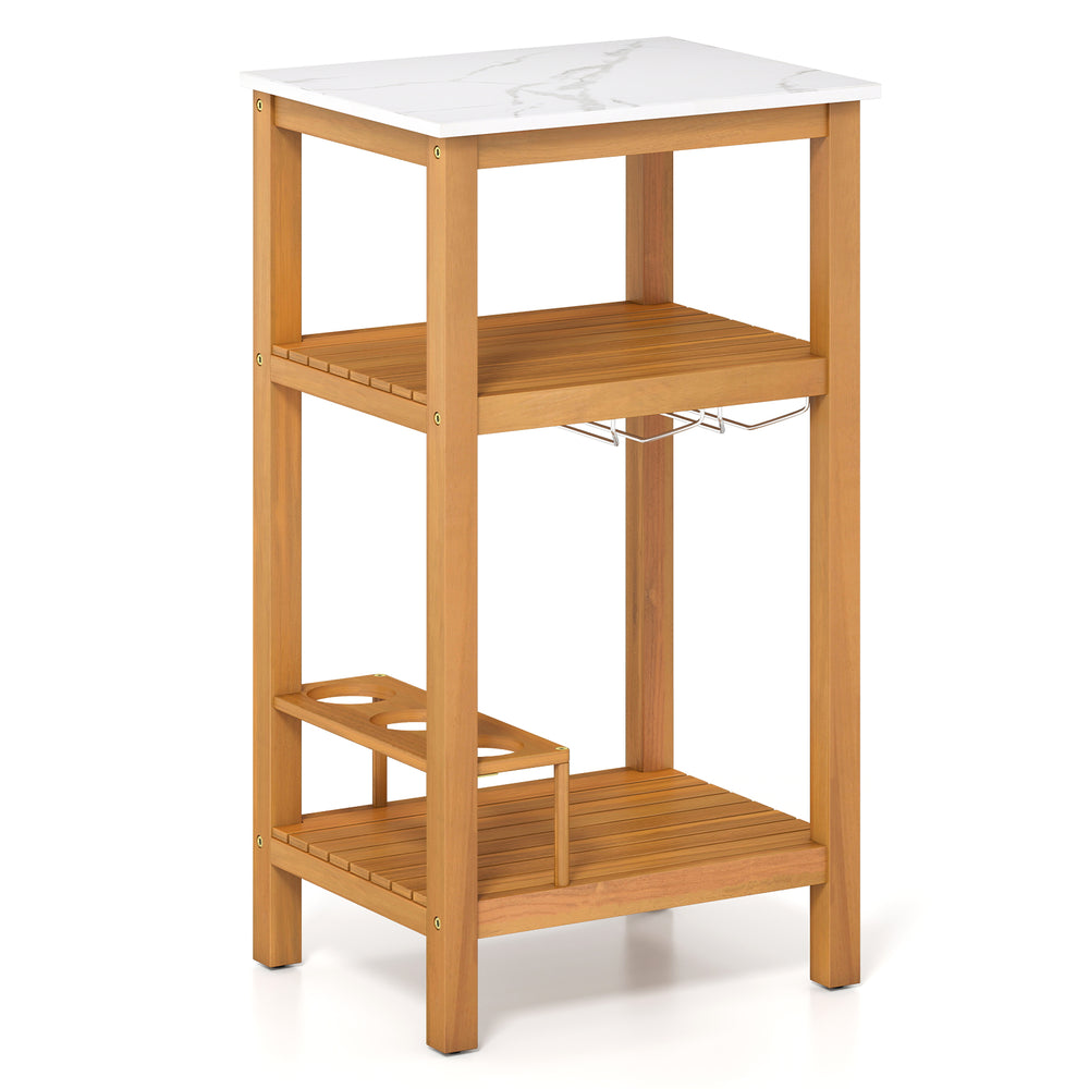 Acacia wood storage cabinet with faux marble top, featuring three open shelves and wine holders for patio organization.