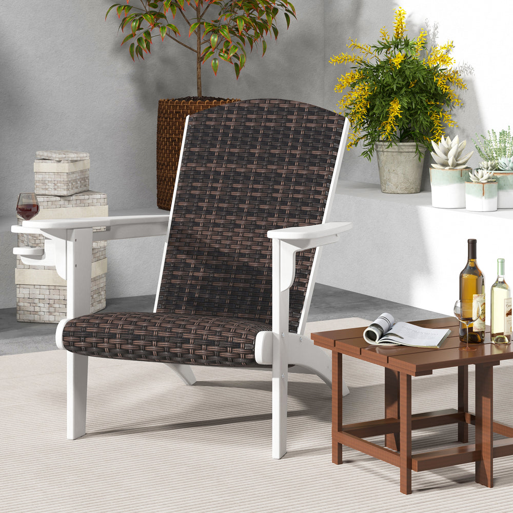 Close-up of the rattan weave on the patio Adirondack chair's padded seat, showcasing elegant design and comfort.