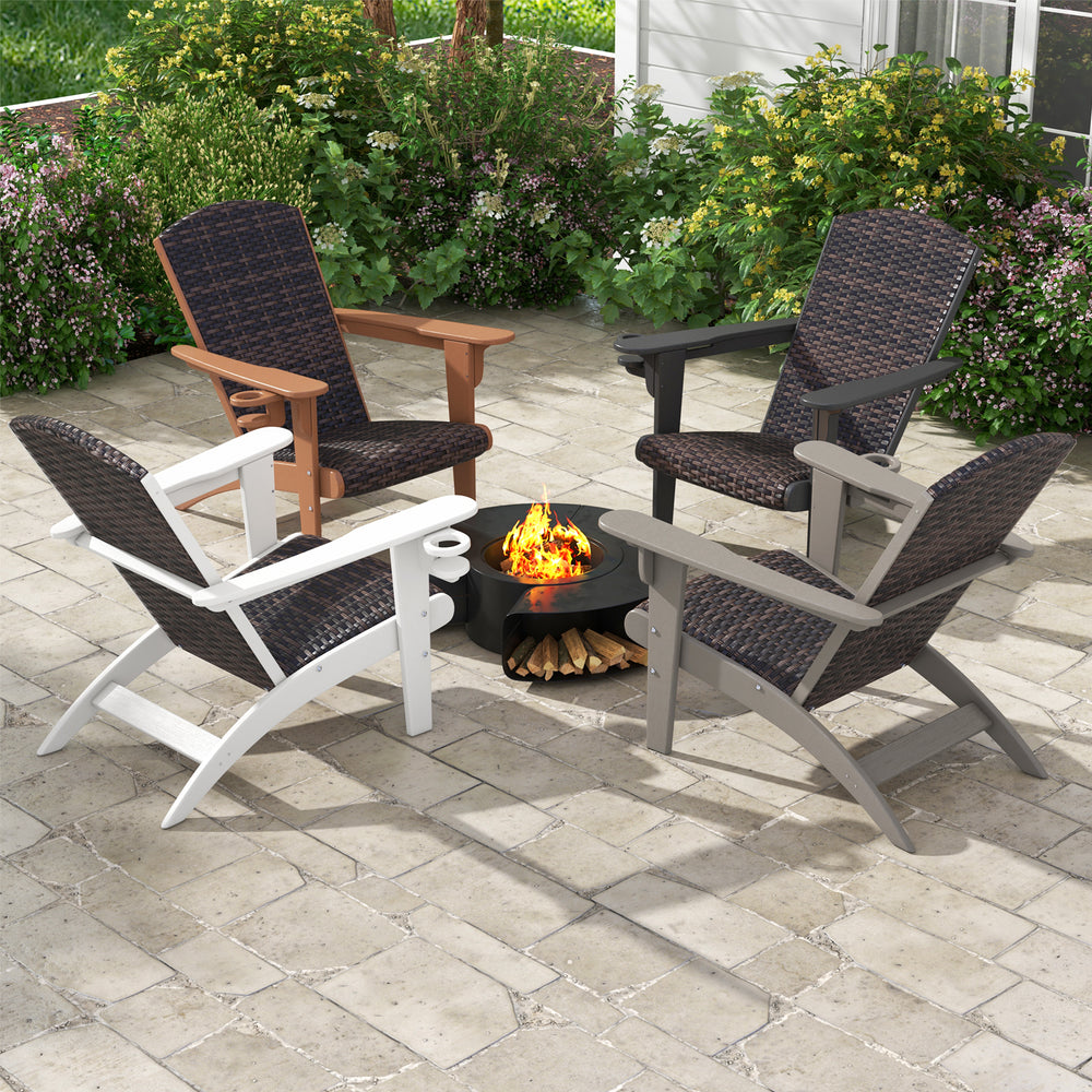Four Patio Adirondack Chairs with rattan padded seats and hidden cupholders arranged around a fire pit for outdoor.
