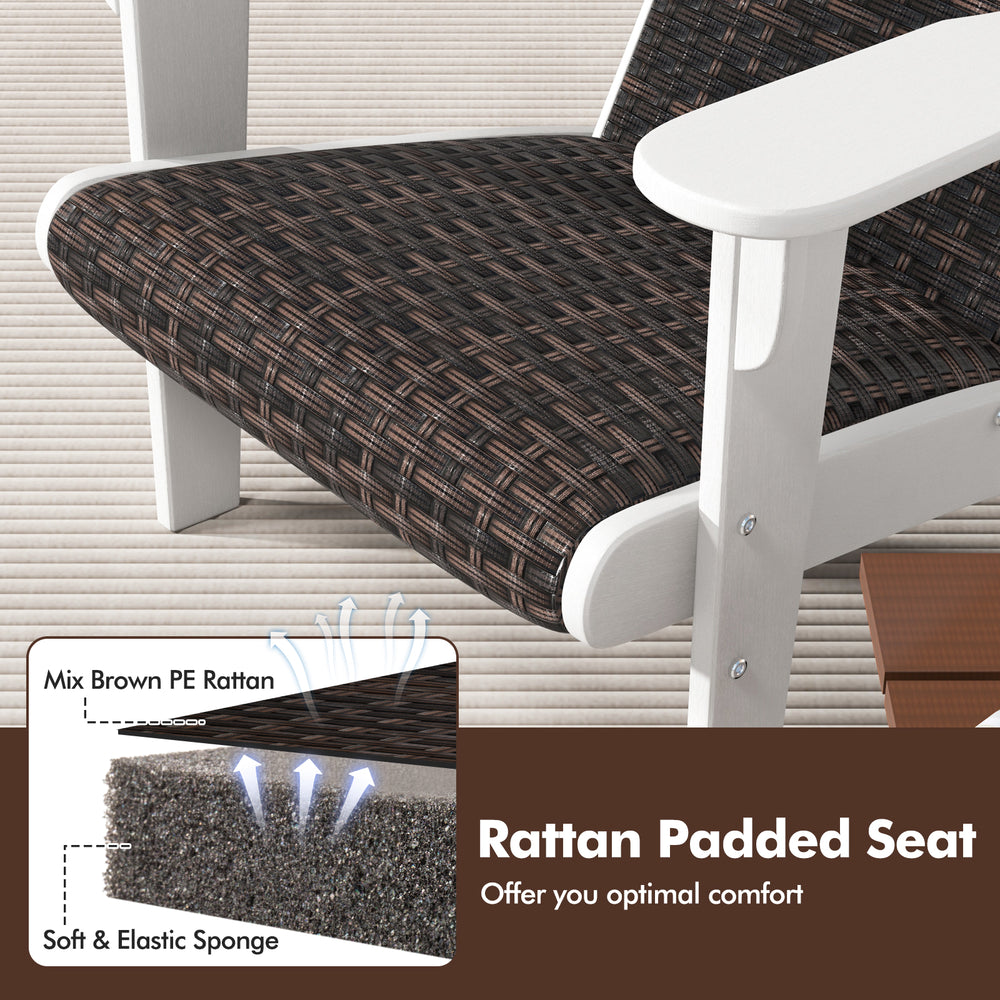 Rattan padded seat of the white patio Adirondack chair, featuring soft sponge for comfort and elegant design.