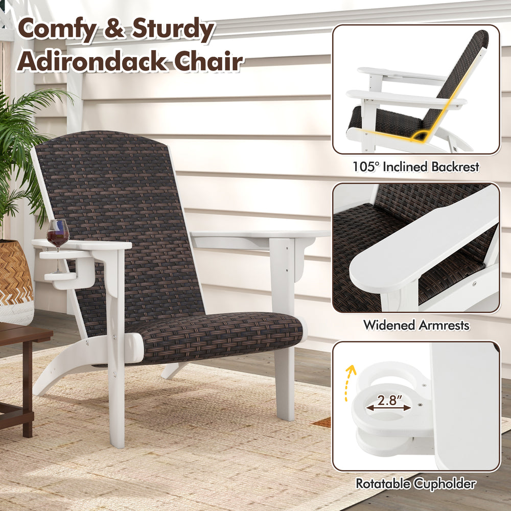 Adirondack chair with rattan padded seat, inclined backrest, and hidden cupholder, perfect for backyard relaxation.