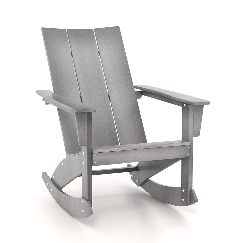 Gray Adirondack rocking chair with curved backrest and rounded armrests, perfect for balcony relaxation.