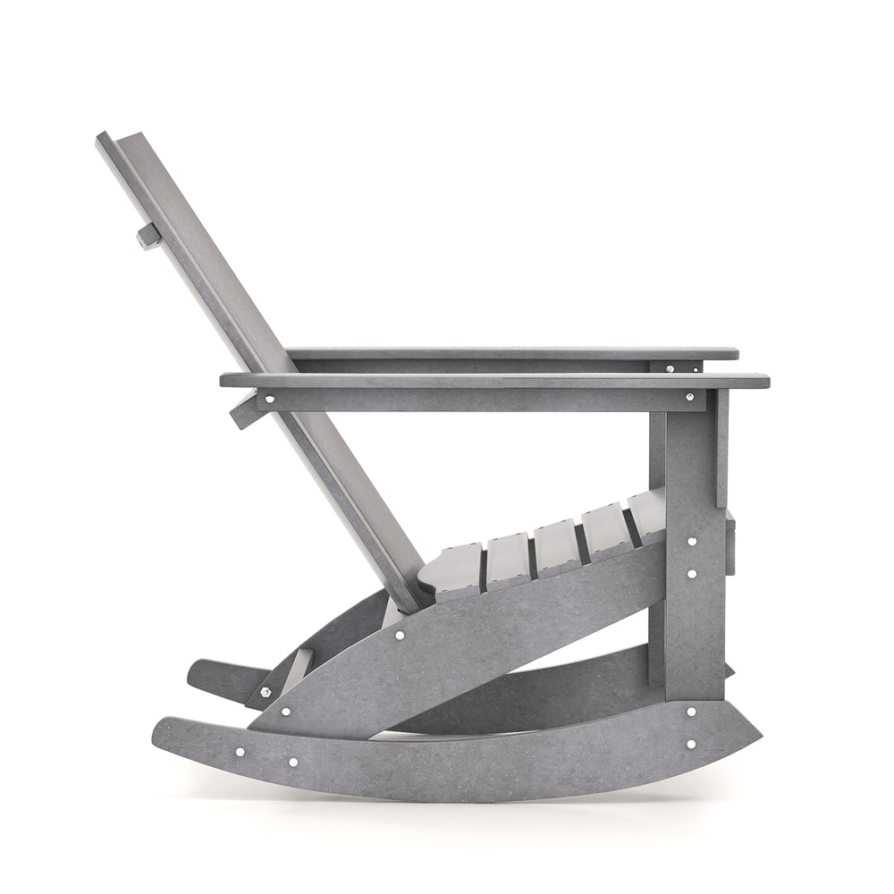 Gray Adirondack rocking chair viewed from the side, featuring a curved back and sturdy HDPE construction for outdoor.