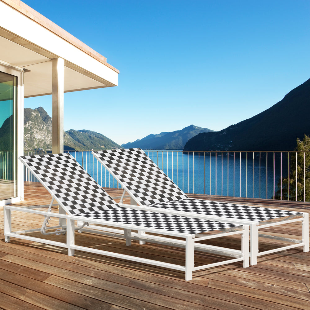Adjustable outdoor chaise lounge chairs with a sturdy metal frame, featuring a checkered pattern, perfect for poolside.