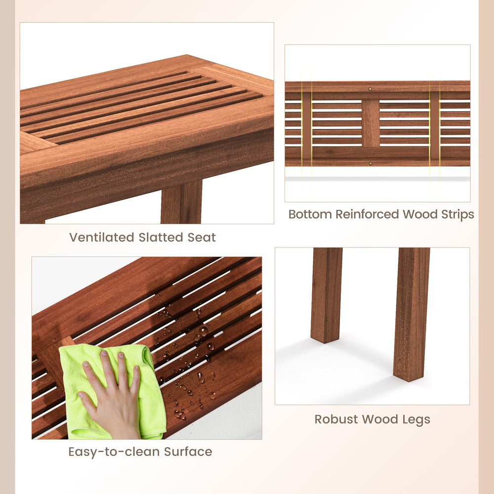 Close-up of the ventilated slatted seat of the 2-seater patio dining bench, showcasing solid wood construction and.