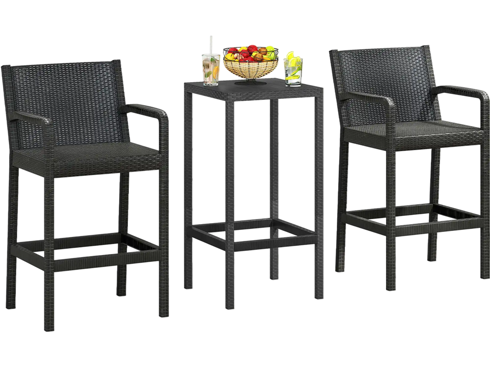 Black patio bar set showcasing two high stools and a sleek bar table, perfect for outdoor gatherings and stylish decor.