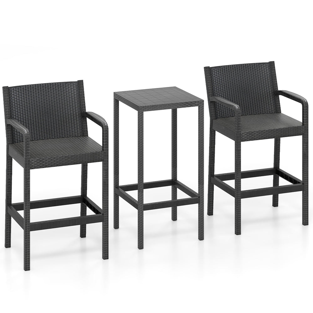 Black 3-piece patio bar set featuring 2 stools with armrests and a square table, perfect for outdoor relaxation.