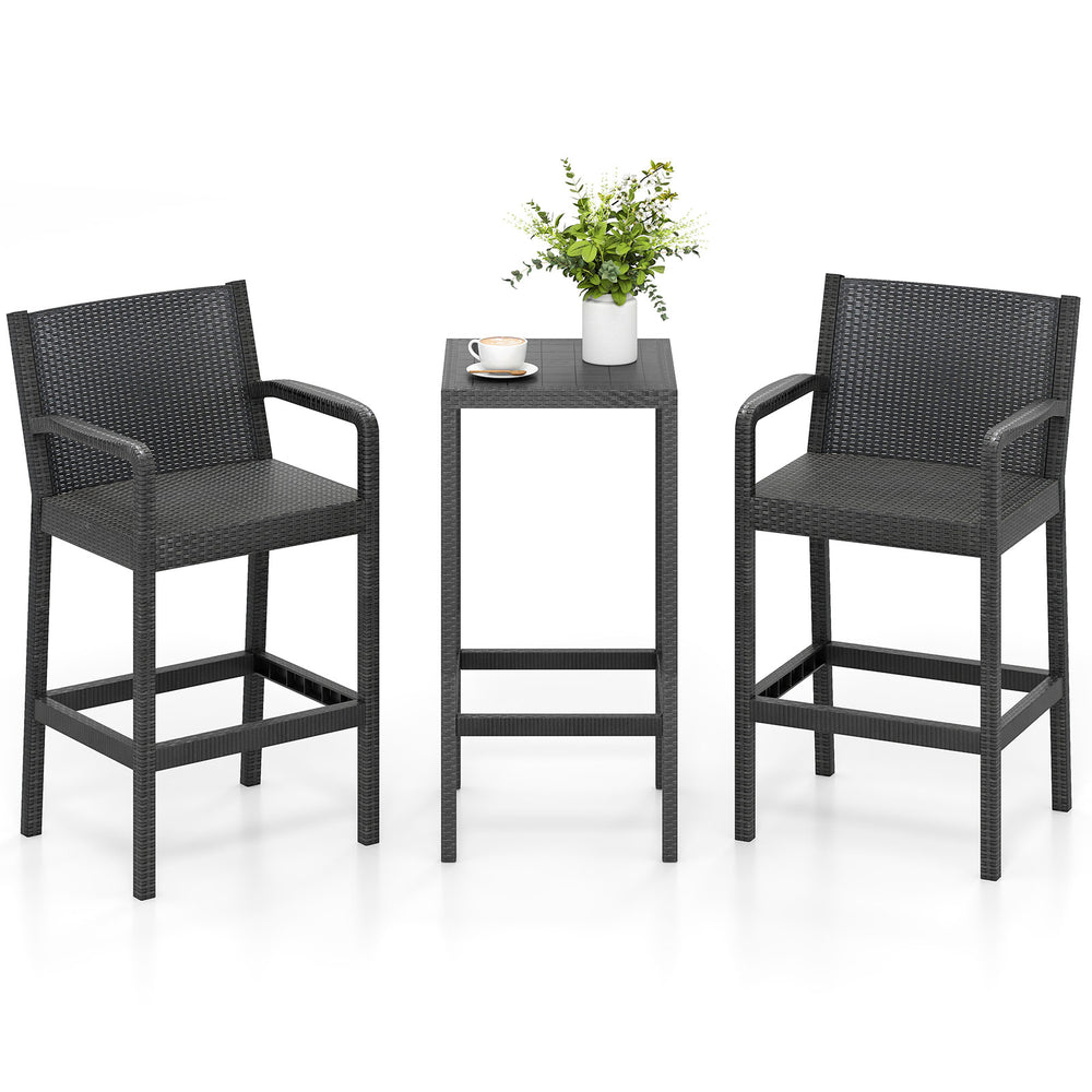 Black 3-piece patio bar set featuring 2 stools and 1 bar table, ideal for outdoor relaxation and gatherings.