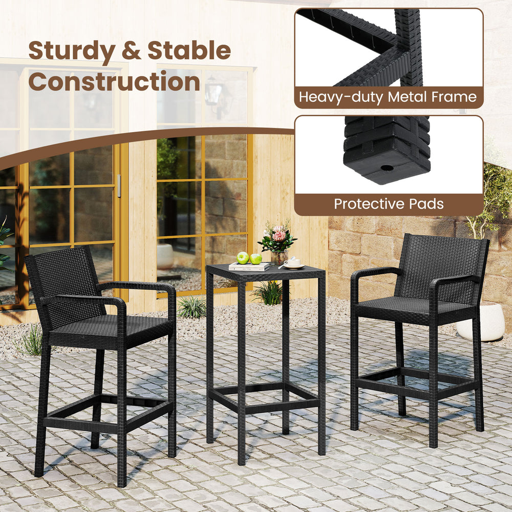 3-piece black patio bar set featuring 2 stools and 1 table with a heavy-duty metal frame, ideal for outdoor relaxation.