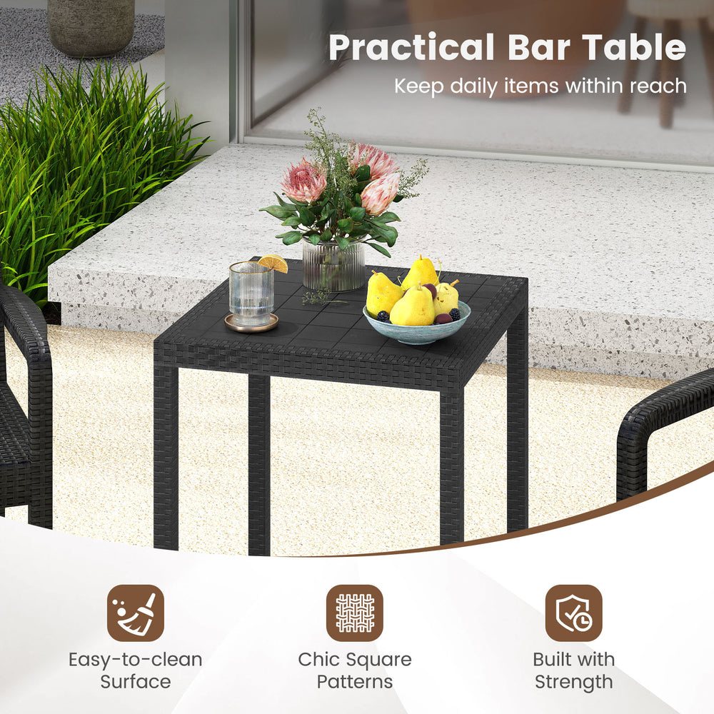 Black bar table with chic square patterns, easy-to-clean surface, ideal for patio or garden use.