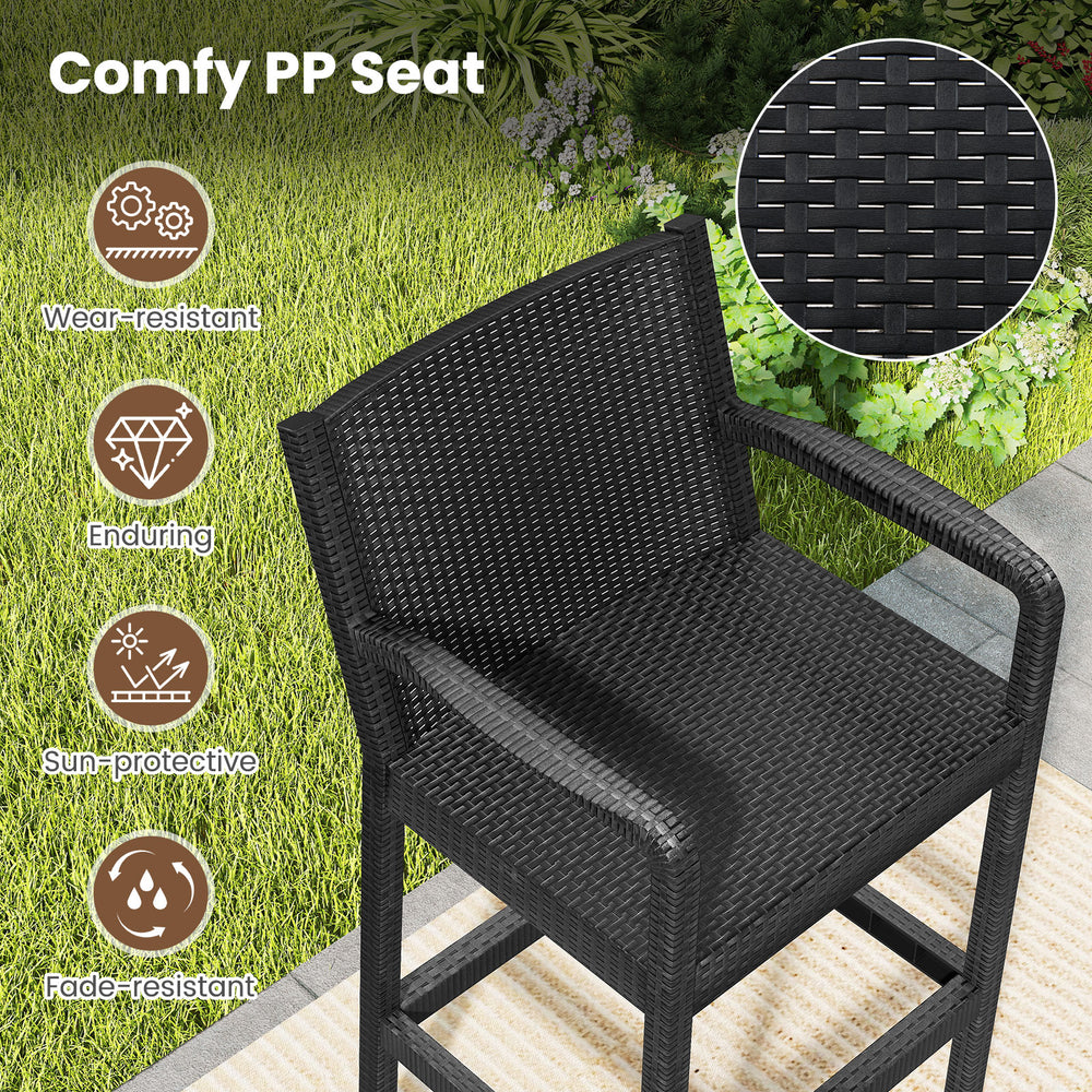 Black patio bar stool featuring a comfy PP seat, curved backrest, and armrests, ideal for outdoor relaxation.