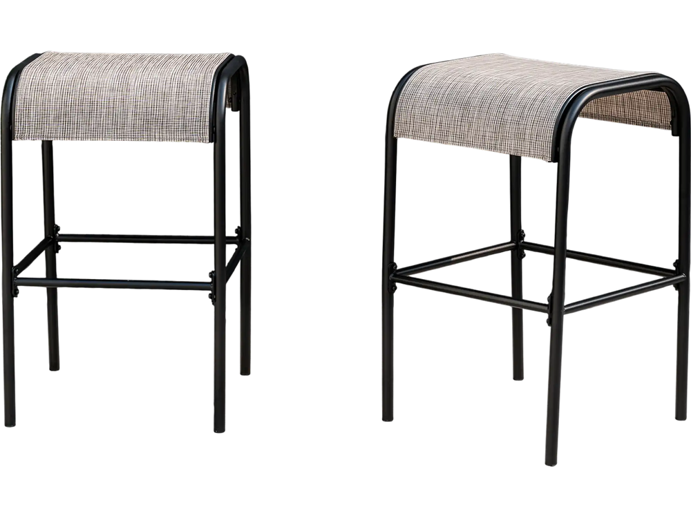 Set of 2 patio metal bar stools with curved fabric seats, featuring a sturdy frame and sleek backless design for.