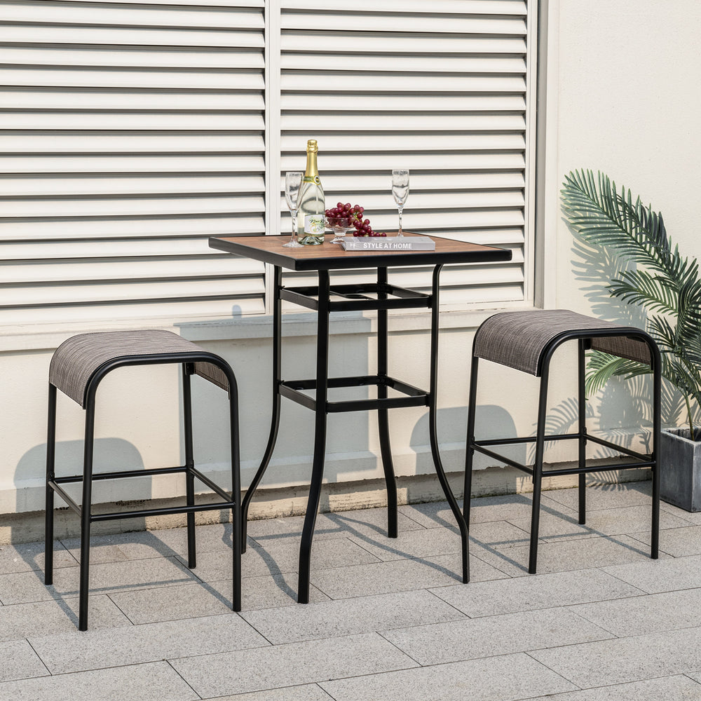 Set of 2 patio metal bar stools with curved fabric seats, designed for comfort and stability, perfect for outdoor use.