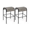 Set of 2 patio metal bar stools with curved fabric seats, sturdy frame, and sleek backless design for outdoor use.