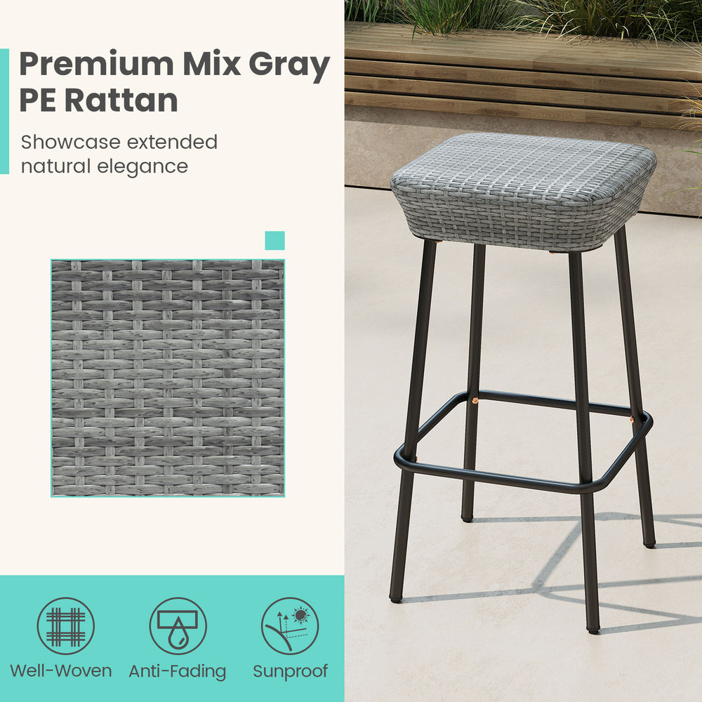 Single patio bar stool with a premium mix gray PE rattan seat and sturdy metal frame, ideal for outdoor use.