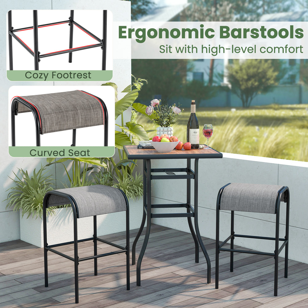 Set of 2 patio metal bar stools with curved fabric seat, sturdy frame, and sleek design for outdoor use.
