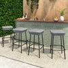 Set of 4 patio bar stools with rattan seats and sturdy metal frames, ideal for backyard or balcony use.