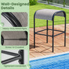 Curved fabric seat detail of a patio metal bar stool with heavy-duty metal pipes, designed for outdoor comfort and.