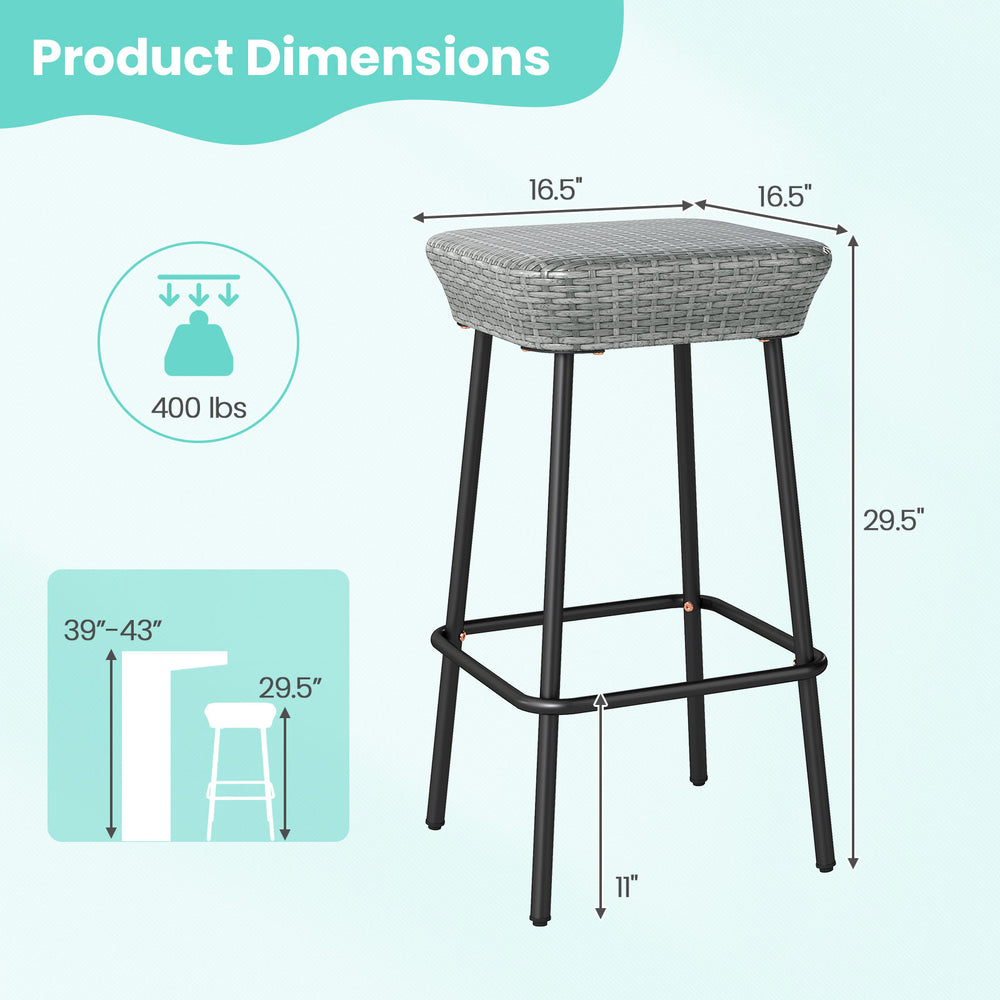 Dimensions of 29.5-inch patio bar stool with rattan seat, sturdy metal frame, supports up to 400 lbs, ideal for outdoor.